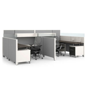 Allsteel Terrace workstation with slatwall, open shelves and glass stackers