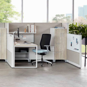Allsteel Terrace workstation with storage, open shelf, and whiteboard