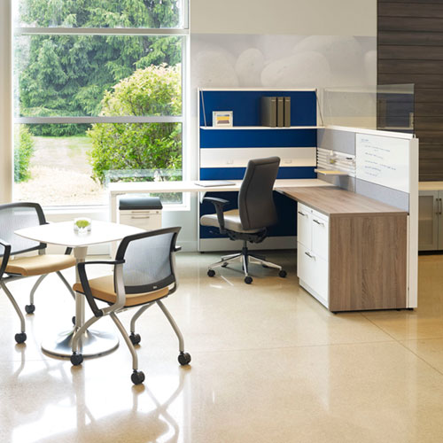 Trendway Capture workstation with open shelf and glass screen