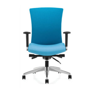 Global Vion upholstered back task chair with black adjustable arms and aluminum base