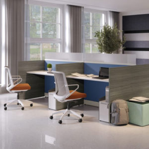 HON Accelerate small touchdown workstation with gallery panels and frameless glass stackers