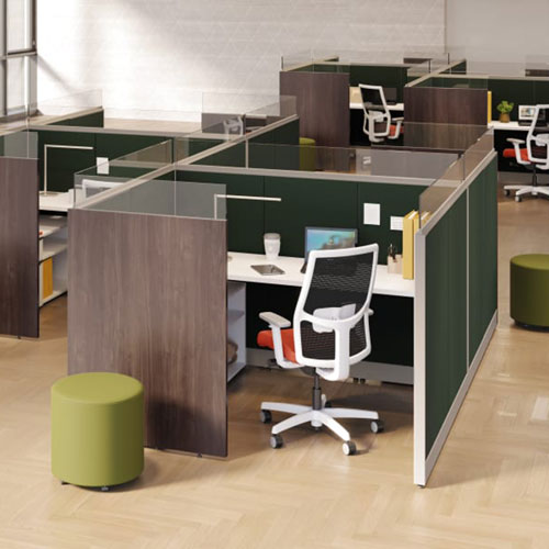 HON Accelerate streamlined workstation with laminate gallery panels and frameless glass stackers