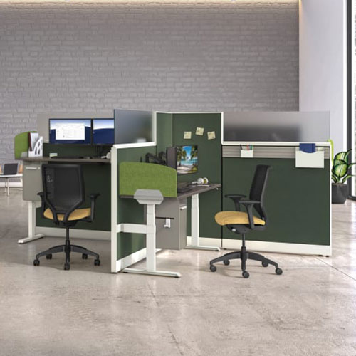 HON Accelerate clean modern workstation with frameless glass stackers and height-adjsutable surface