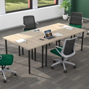 HON Huddle multi-purpose tables with post legs and woodgrain surface