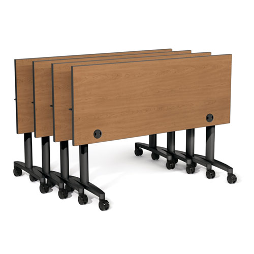 Nesting HON Huddle training tables with casters and grommets