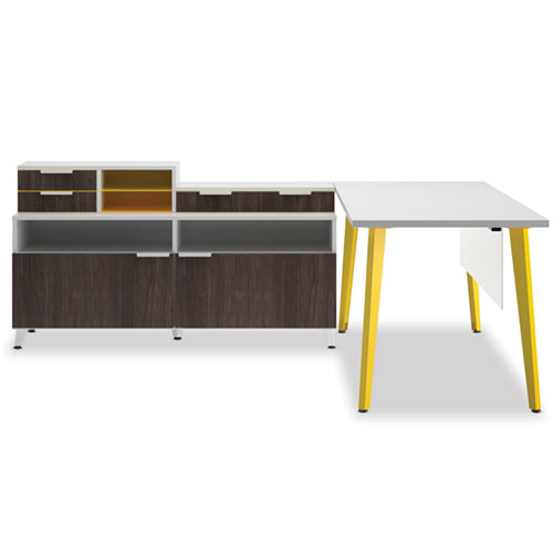 HON Voi modern desk with storage credenza, modesty panel and painted base