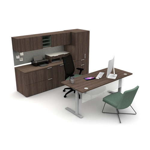 HON Voi private office desk with storage wall and height adjustable base