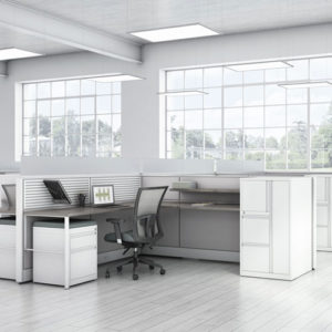Global Evolve L-shape workstation with slatwall, storage, and glass stackers