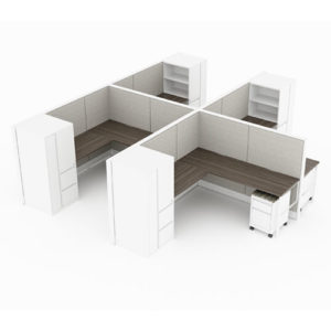 Global Evolve 4 person workstation with high panels, storage cabinets and mobile pedestals