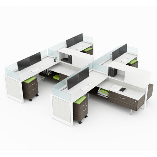 Global Evolve 4 person workstation with low, overhead, and mobile storage