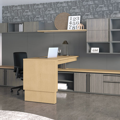 National Tessera desk with wall panel solution and height adjustable base in contrasting finishes