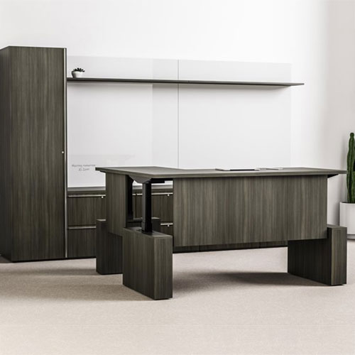 National Tessera desk with L shape height adjustable desk and wall panel storage