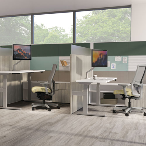 HON Abound frame and tile workstation with gallery panels and height-adjustable worksurfaces