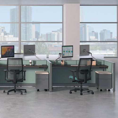 HON Abound small touchdown workstations with low panels and mobile pedestals