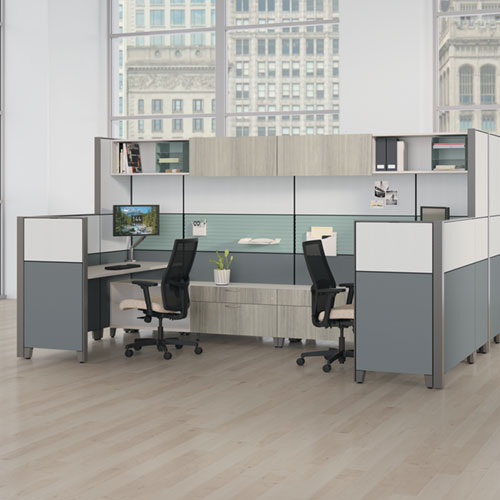 HON Abound workstation with tiled high panels and overhead storage