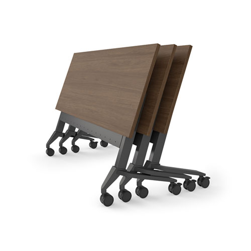 Nesting Premiera training room tables with woodgrain surface and casters