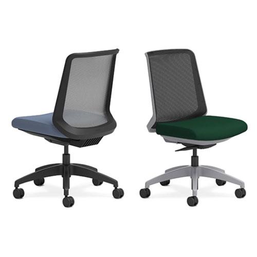 HON Cliq armless task chairs with mesh back, and fabric seat