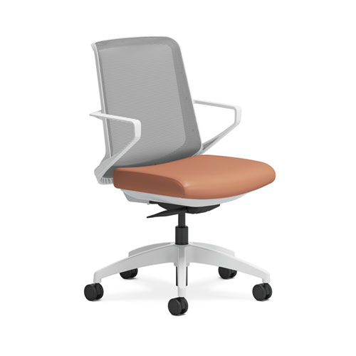 HON Cliq task chair with mesh back, vinyl seat, white frame, and loop arms