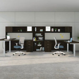 HON Mod dark woodgrain 2 person desk with overhead storage and height adjustable bases